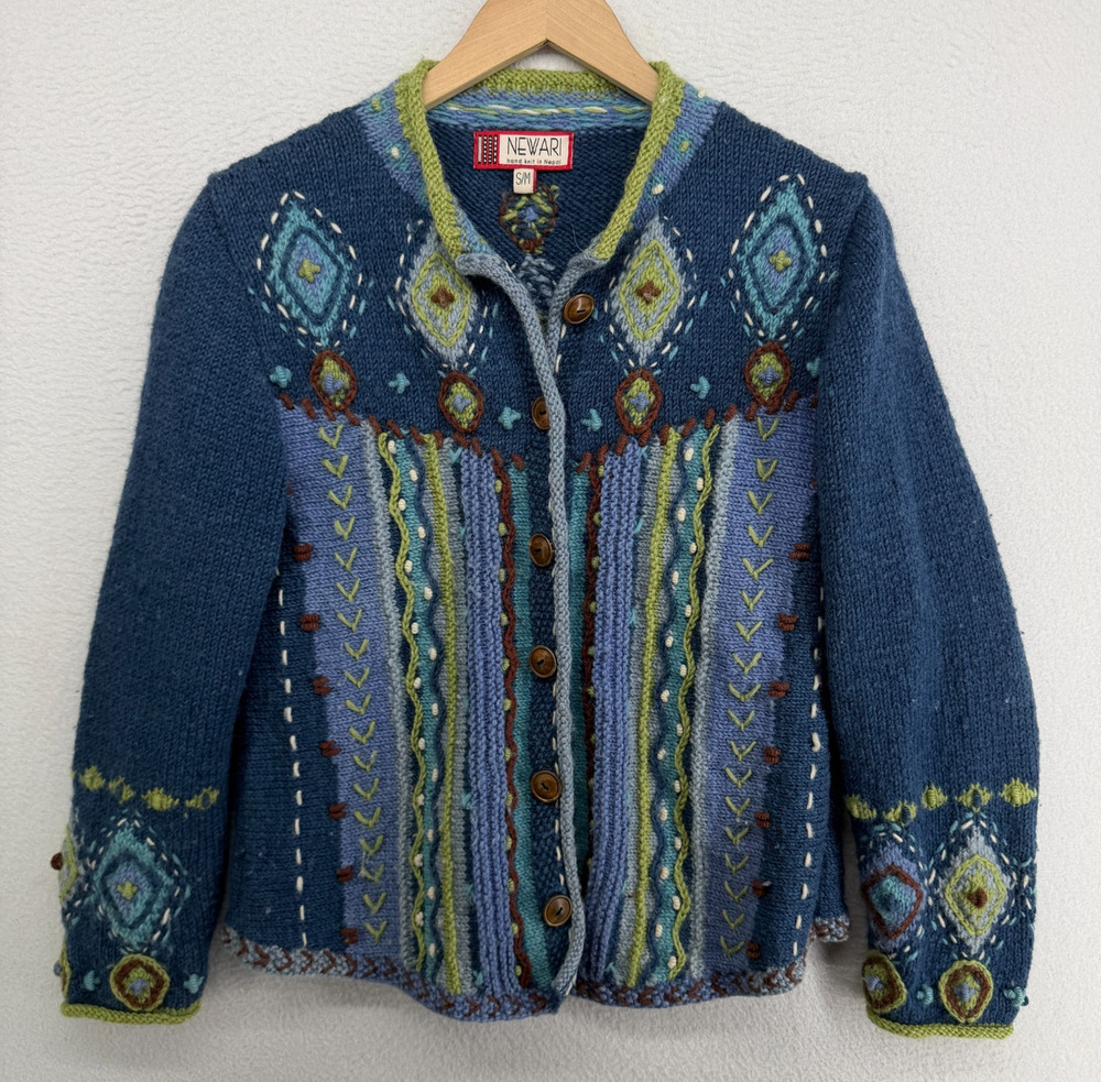 NEWARI Sweater Womens S M Wool Hand Knit Icelandic Cardigan Button Up Blue